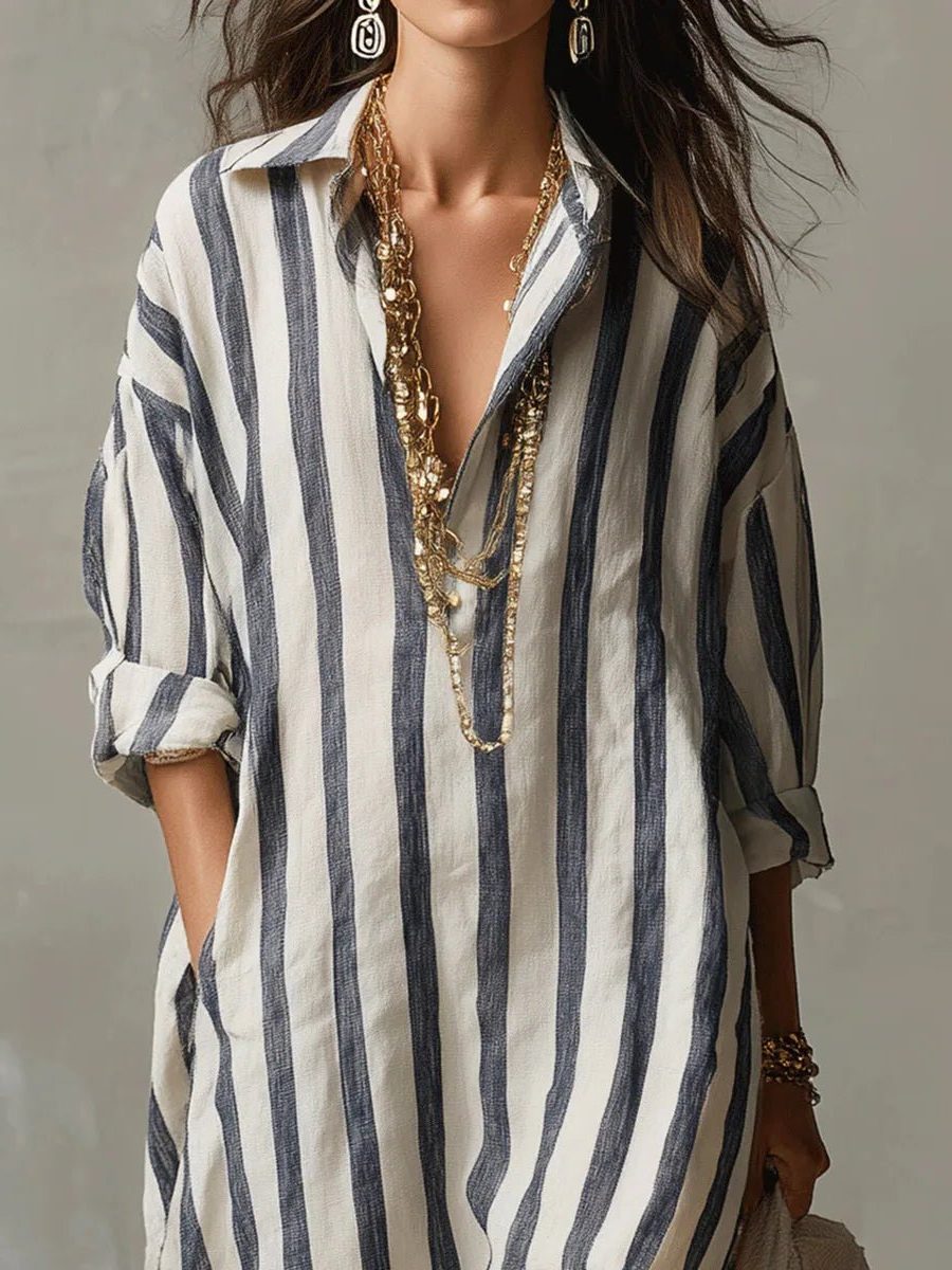 Sanne | Women's Striped Linen Maxi Shirt Dress with V-Neck