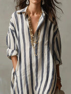 Sanne | Women's Striped Linen Maxi Shirt Dress with V-Neck