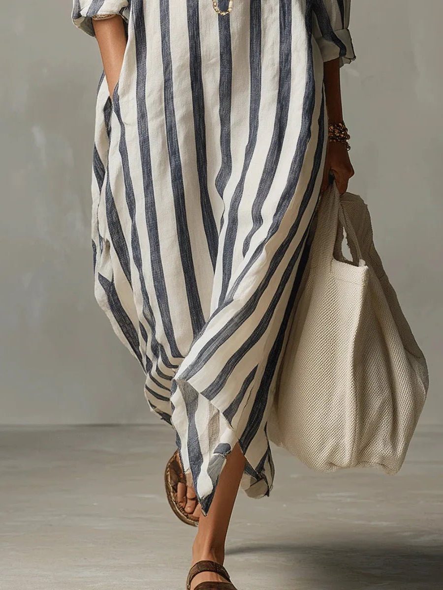 Sanne | Women's Striped Linen Maxi Shirt Dress with V-Neck