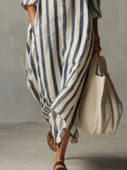 Sanne | Women's Striped Linen Maxi Shirt Dress with V-Neck