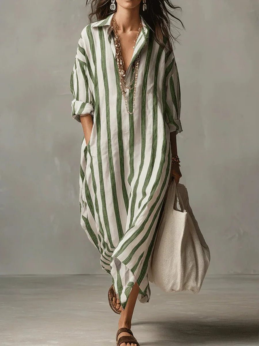 Sanne | Women's Striped Linen Maxi Shirt Dress with V-Neck