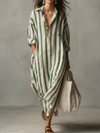Sanne | Women's Striped Linen Maxi Shirt Dress with V-Neck