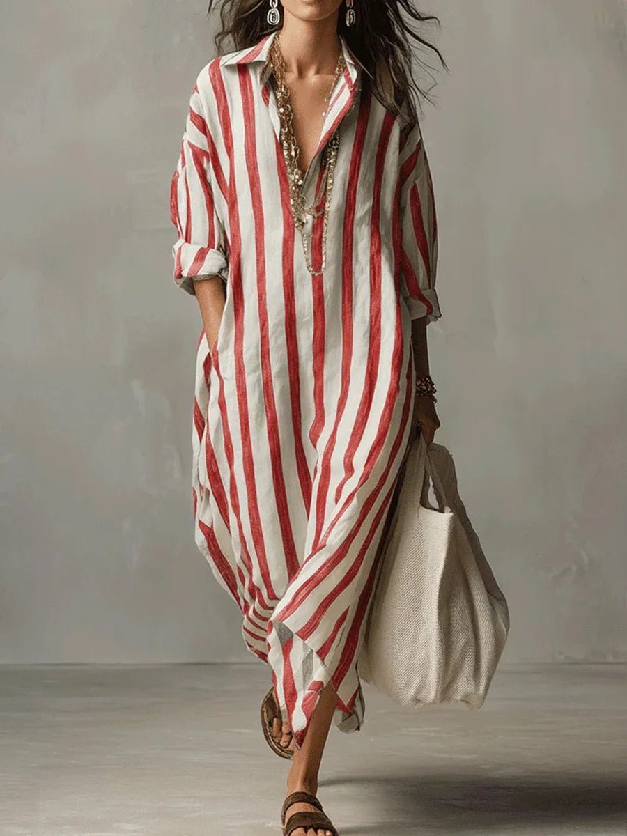 Sanne | Women's Striped Linen Maxi Shirt Dress with V-Neck