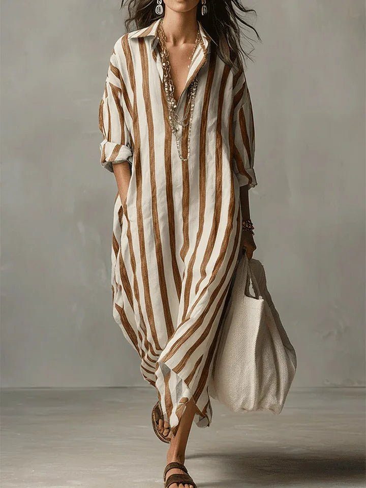 Sanne | Women's Striped Linen Maxi Shirt Dress with V-Neck