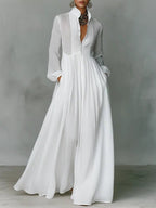 Roxana | Women's Linen Blend Maxi Shirt Dress with Stand Collar and Pockets