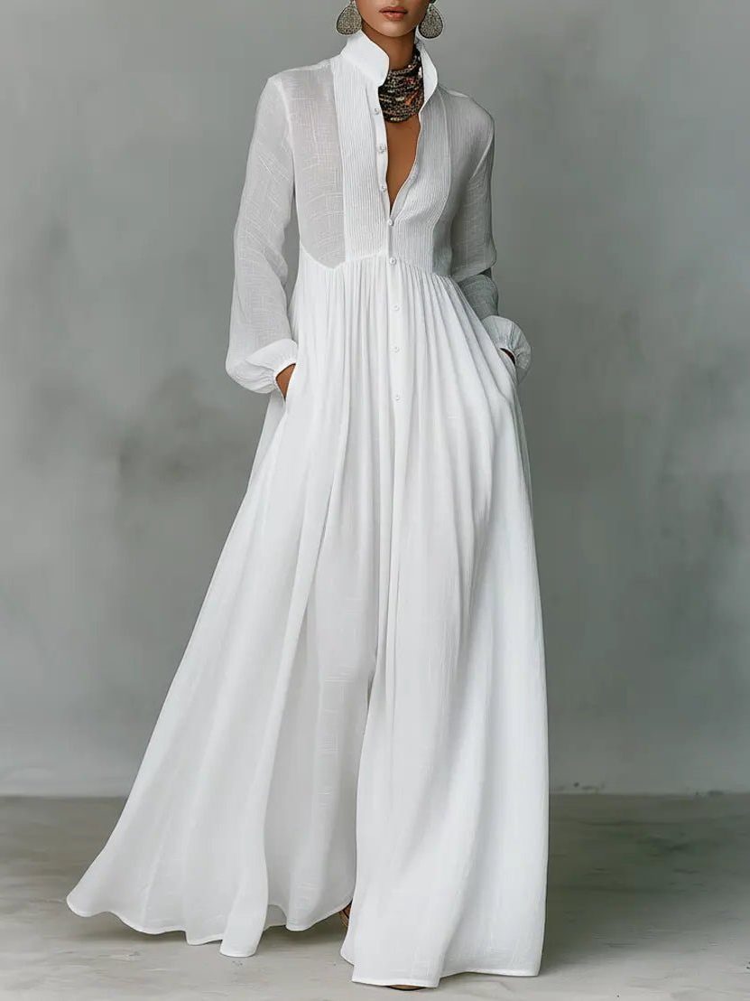 Roxana | Women's Linen Blend Maxi Shirt Dress with Stand Collar and Pockets