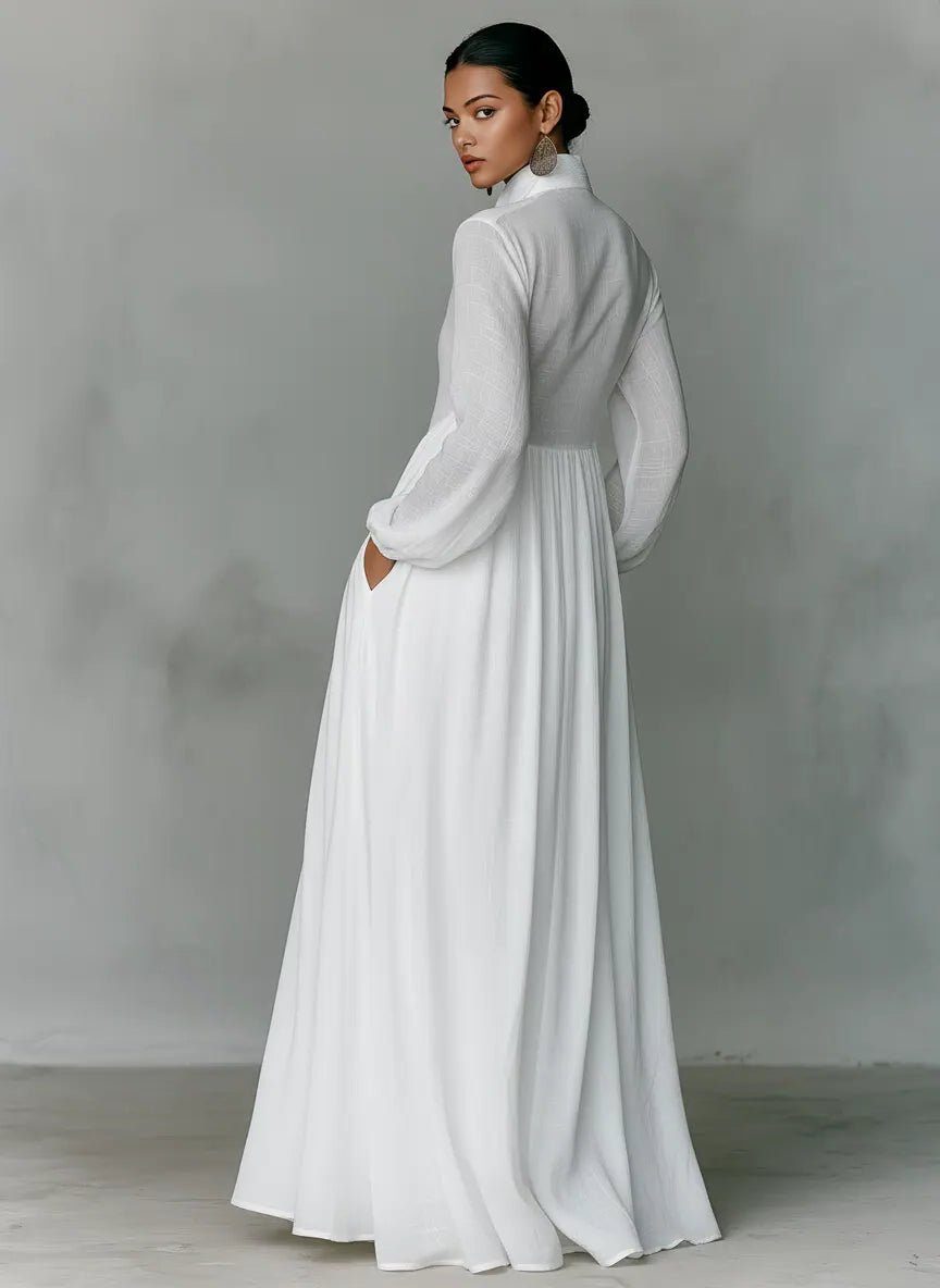 Roxana | Women's Linen Blend Maxi Shirt Dress with Stand Collar and Pockets