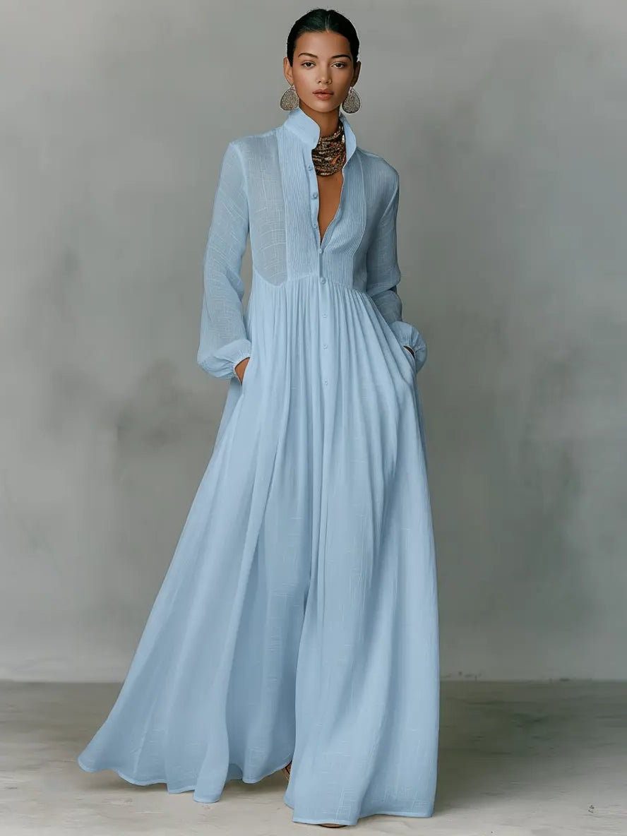 Roxana | Women's Linen Blend Maxi Shirt Dress with Stand Collar and Pockets