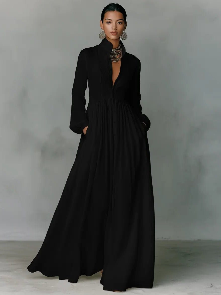 Roxana | Women's Linen Blend Maxi Shirt Dress with Stand Collar and Pockets