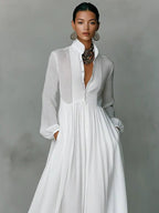 Roxana | Women's Linen Blend Maxi Shirt Dress with Stand Collar and Pockets