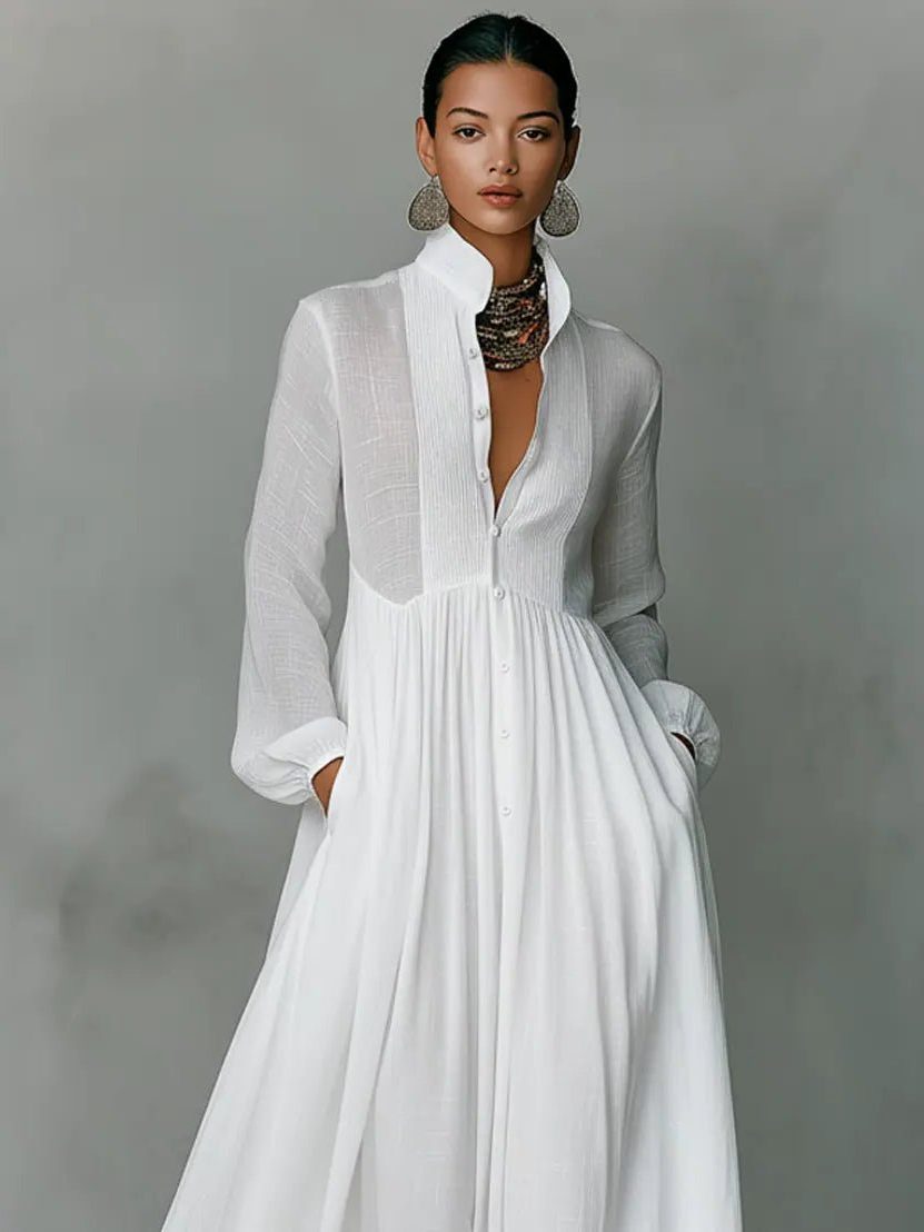 Roxana | Women's Linen Blend Maxi Shirt Dress with Stand Collar and Pockets