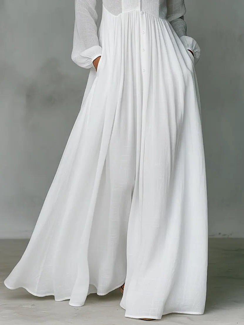 Roxana | Women's Linen Blend Maxi Shirt Dress with Stand Collar and Pockets