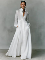 Roxana | Women's Linen Blend Maxi Shirt Dress with Stand Collar and Pockets