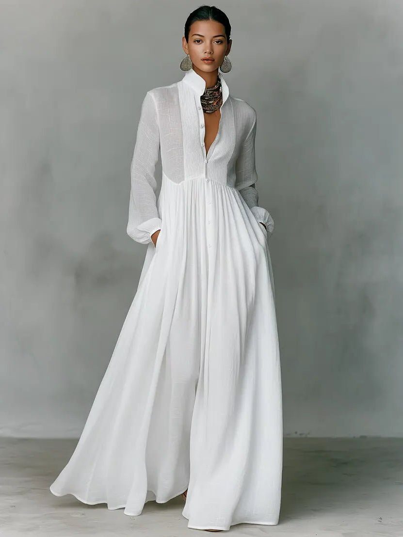 Roxana | Women's Linen Blend Maxi Shirt Dress with Stand Collar and Pockets