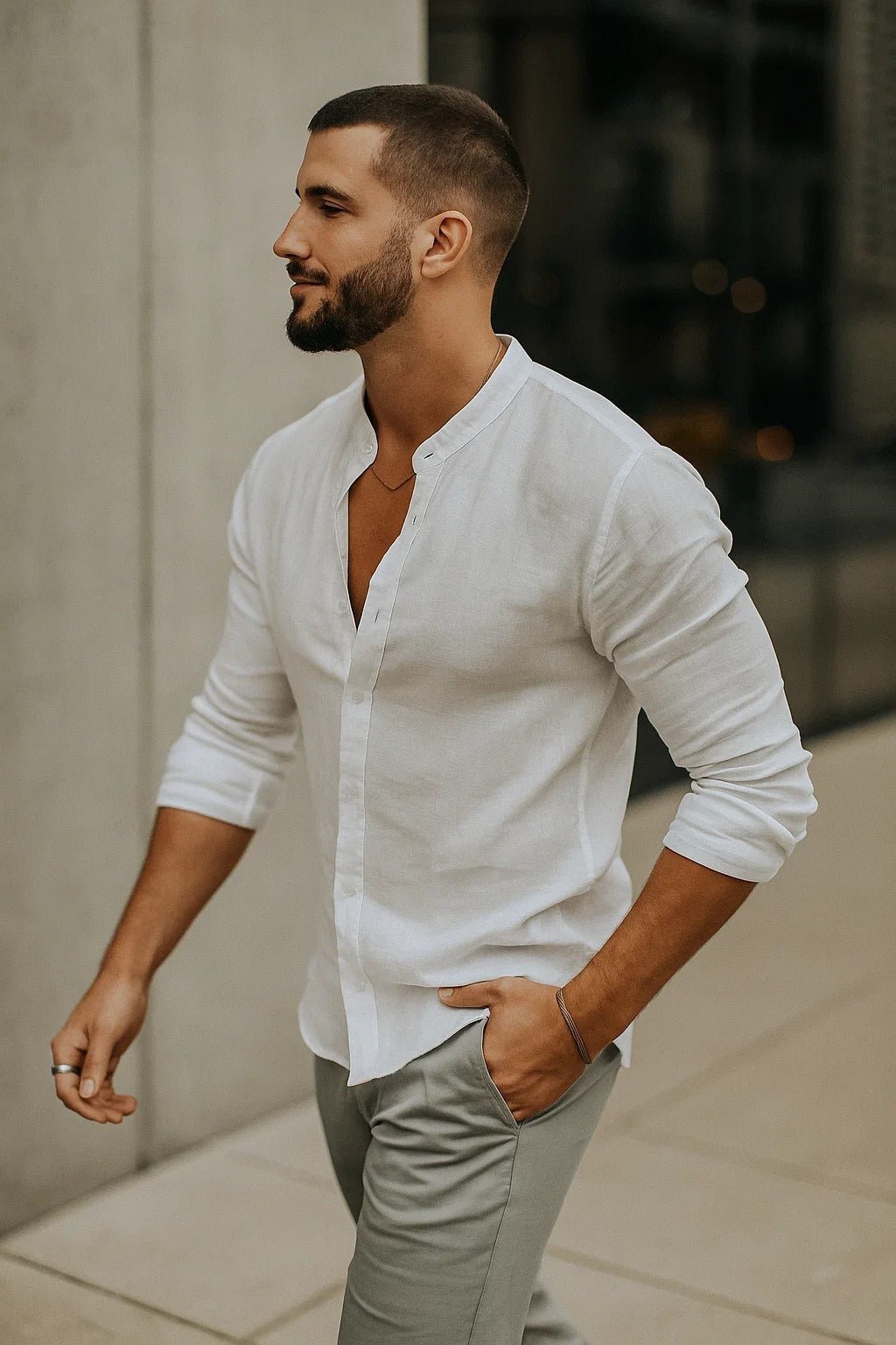 Horatio | Men's Linen Shirt with Grandad Collar and Long Sleeves