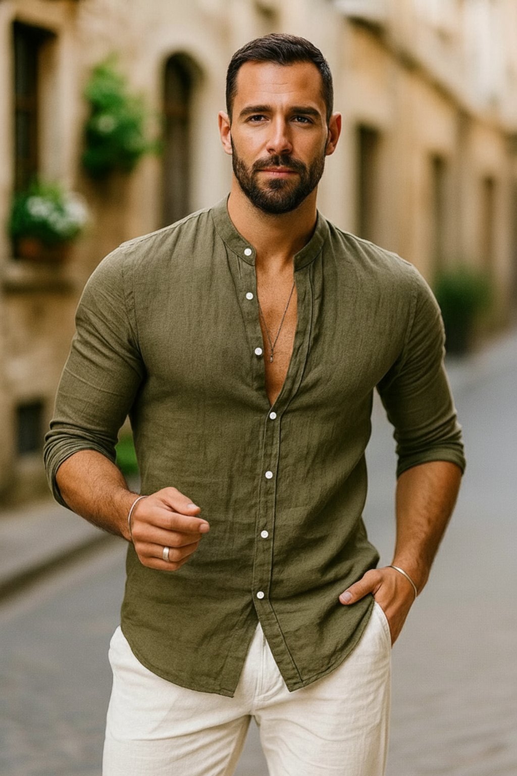 Horatio | Men's Linen Shirt with Grandad Collar and Long Sleeves
