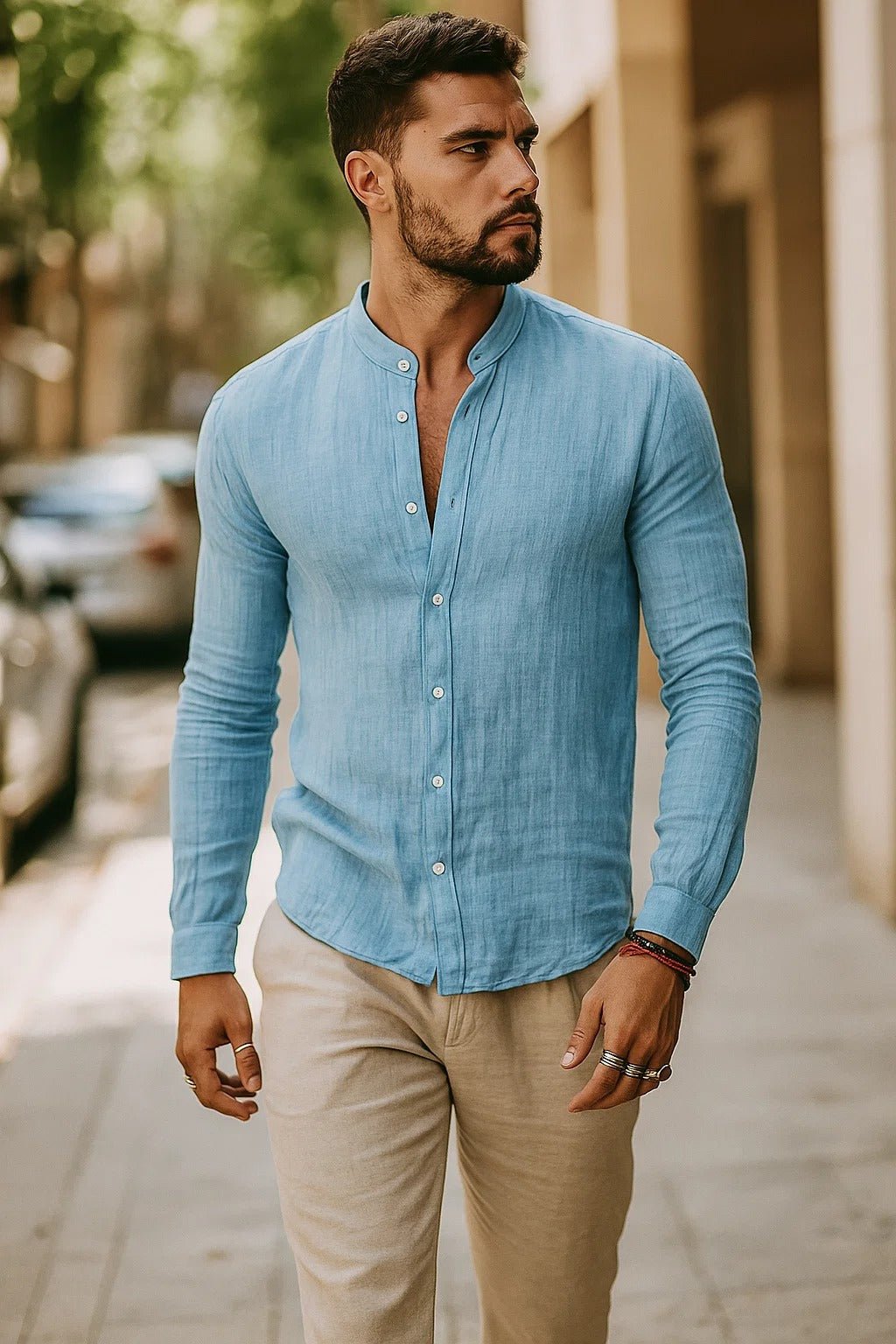 Horatio | Men's Linen Shirt with Grandad Collar and Long Sleeves