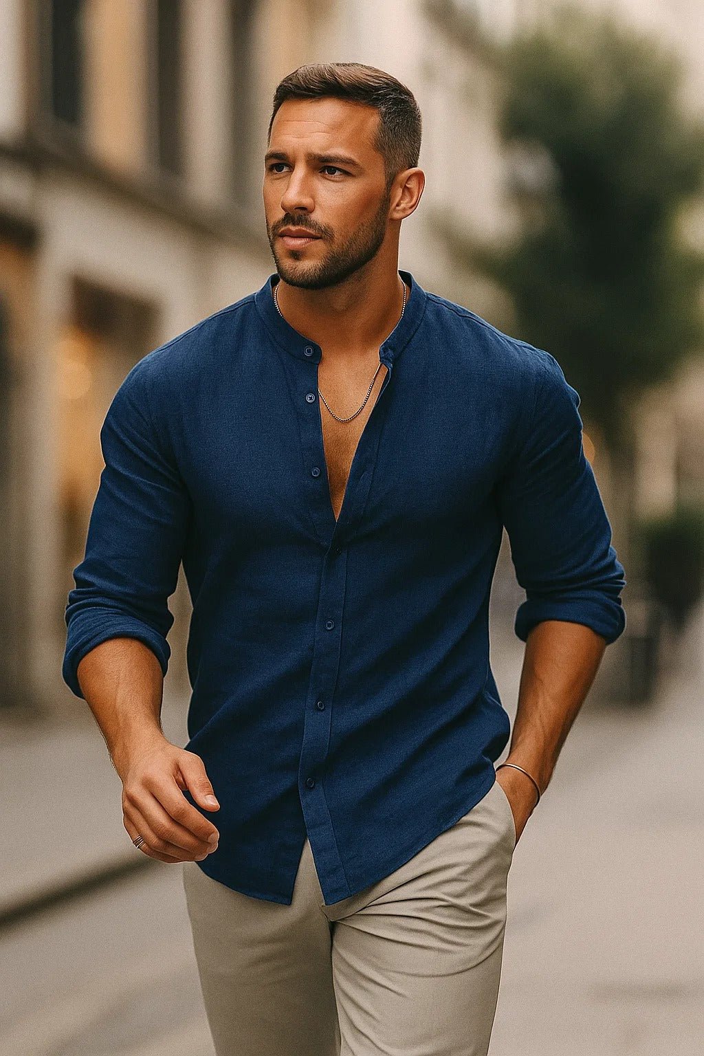 Horatio | Men's Linen Shirt with Grandad Collar and Long Sleeves
