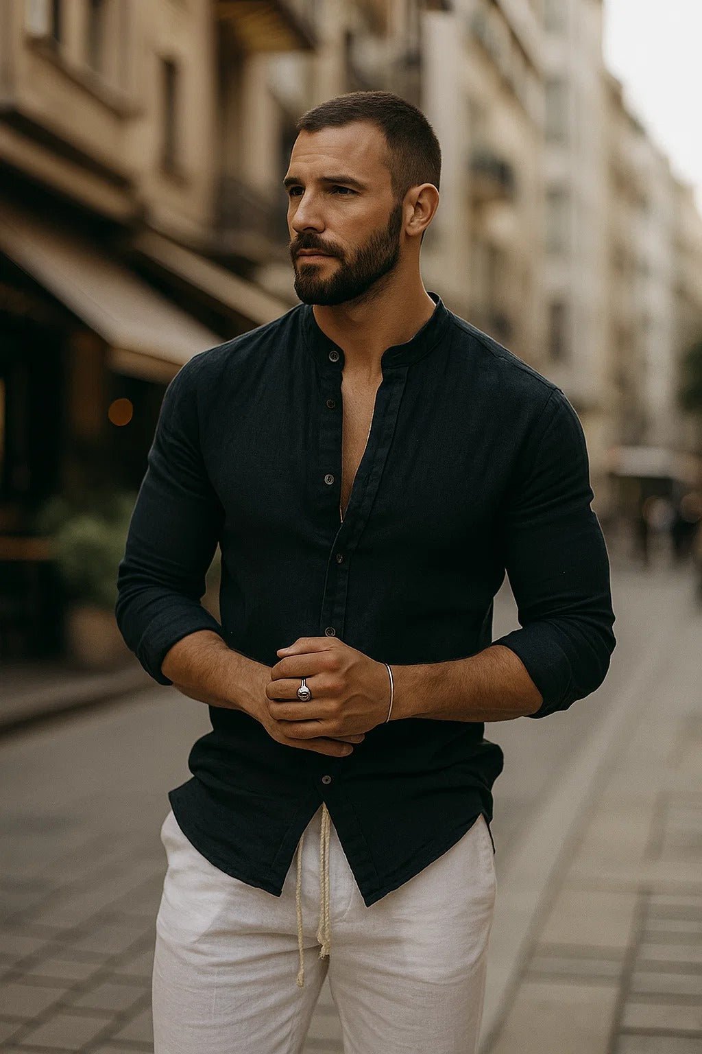 Horatio | Men's Linen Shirt with Grandad Collar and Long Sleeves