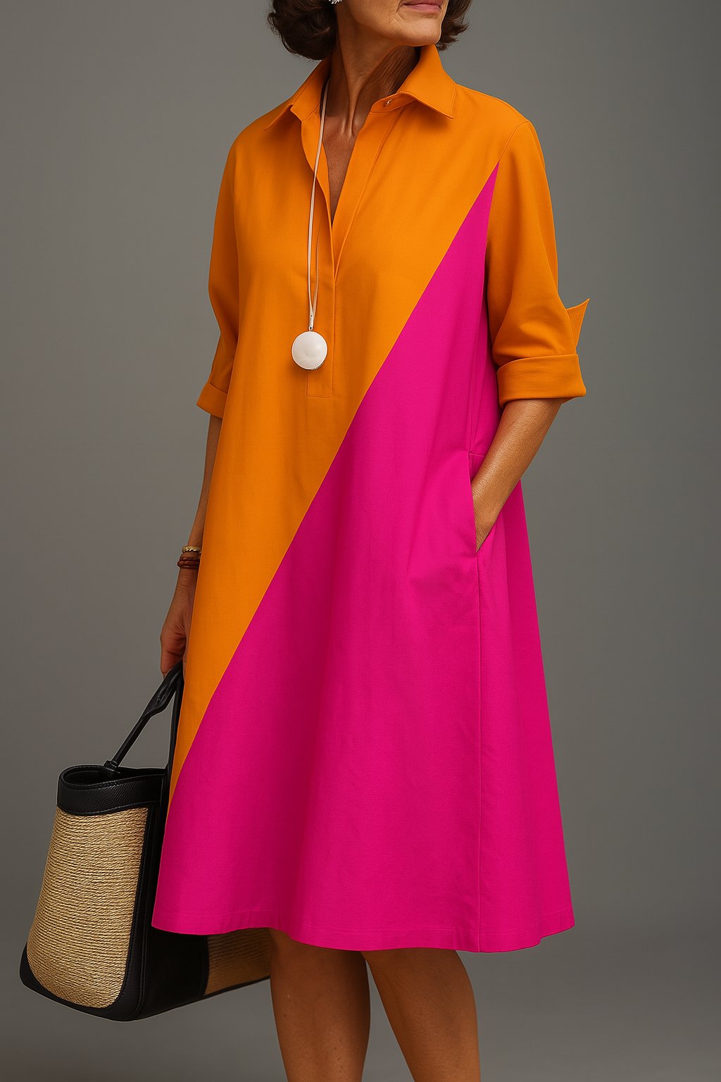 Isabella | Midi Dress Diagonal Colourblock Cotton Collared V-Neck — view 1